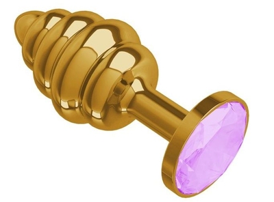 Золотистая спиралевидная анальная пробка с сиреневым кристаллом - 7 см. - фото, цены