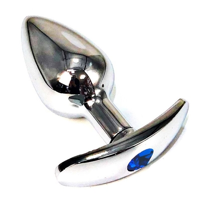 Серебристая анальная пробка для ношения с синим кристаллом - 6 см. - фото, цены