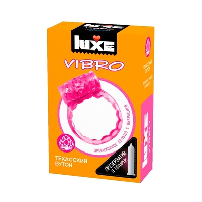 Розовое эрекционное виброкольцо Luxe Vibro Техасский бутон + презерватив - фото, цены