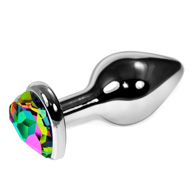 Серебристая гладкая анальная пробка с разноцветным кристаллом-сердечком - 7,5 см. - фото, цены