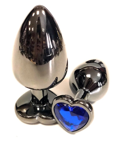Черная металлическая анальная пробка с синим стразом-сердечком - 7,5 см. - фото, цены