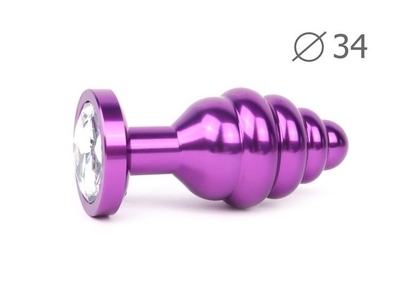 Коническая ребристая фиолетовая анальная втулка с прозрачным кристаллом - 8 см. - фото, цены