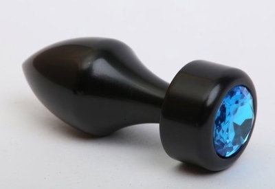 Чёрная анальная пробка с широким основанием и голубым кристаллом - 7,8 см. - фото, цены