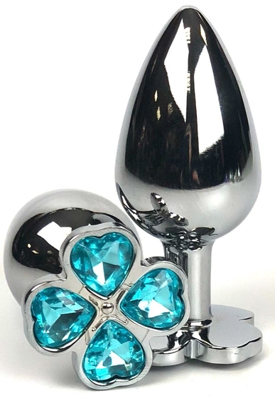 Серебристая анальная втулка с клевером из голубых кристаллов - 8 см. - фото, цены