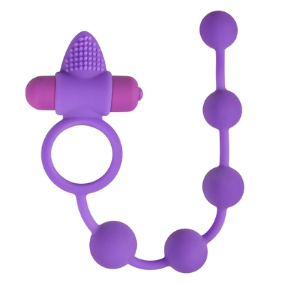 Фиолетовое эрекционное виброкольцо с анальной цепочкой Triple Pleasure - фото, цены