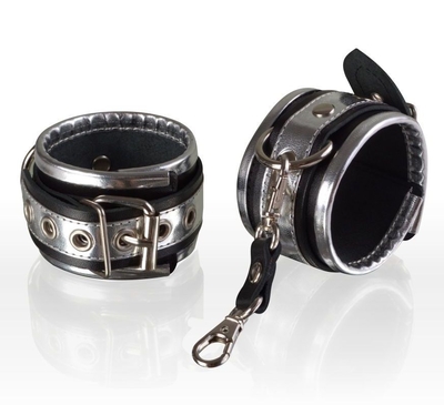 Серебристо-чёрные кожаные наручники - фото, цены