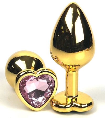Золотистая анальная пробка с нежно-розовым кристаллом-сердцем - 8 см. - фото, цены