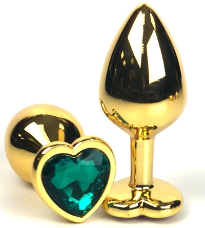Золотистая анальная пробка с зеленым кристаллом-сердцем - 8 см. - фото, цены