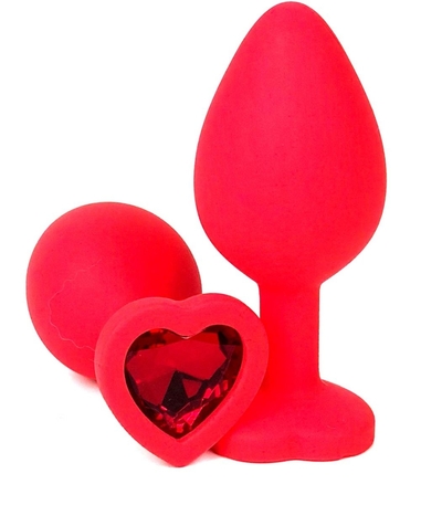 Красная силиконовая анальная пробка с красным стразом-сердцем - 8 см. - фото, цены