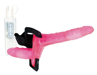 Поясной розовый виброфаллос с вагинальной пробкой - 17,5 см. - фото, цены