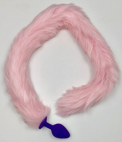 Фиолетовая силиконовая анальная пробка с розовым хвостиком - размер S - фото, цены