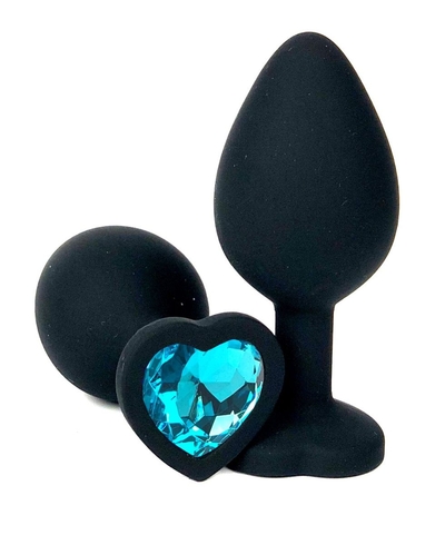Черная силиконовая пробка с голубым кристаллом-сердцем - 10,5 см. - фото, цены