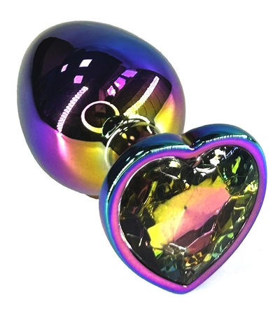Анальная пробка цвета неохром с радужным кристаллом в форме сердца - 10 см. - фото, цены