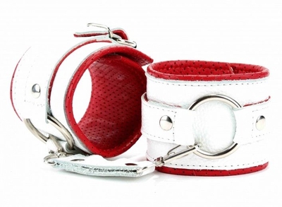 Бело-красные кожаные наручники с кольцом - фото, цены