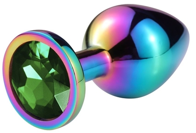 Разноцветная гладкая анальная пробка с зеленым кристаллом - 6,8 см. - фото, цены