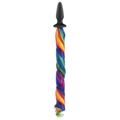 Чёрная анальная пробка с радужным хвостом Unicorn Tails Rainbow - фото, цены