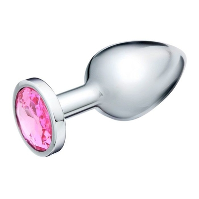 Серебристая коническая анальная пробка с розовым кристаллом - 8 см. - фото, цены