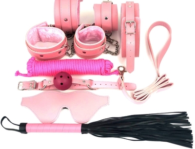 Набор бдсм в розовом цвете: наручники, поножи, кляп, ошейник с поводком, маска, веревка, плеть - фото, цены