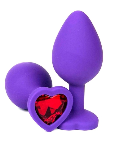 Фиолетовая силиконовая анальная пробка с красным стразом-сердцем - 8,5 см. - фото, цены