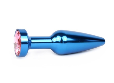 Удлиненная коническая гладкая синяя анальная втулка с розовым кристаллом - 11,3 см. - фото, цены