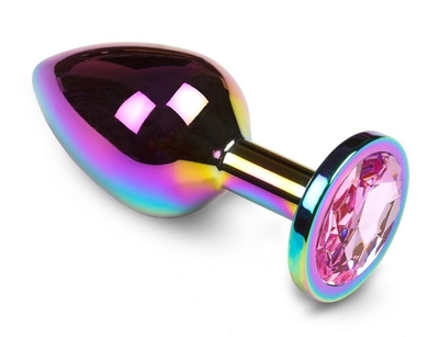 Радужная анальная пробка с розовым кристаллом - 7 см. - фото, цены
