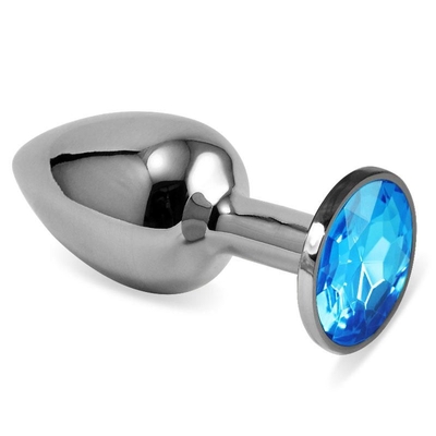 Серебристая анальная пробка с голубым кристаллом размера L - 9 см. - фото, цены