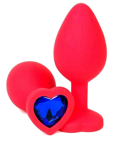 Красная силиконовая анальная пробка с синим стразом-сердцем - 10,5 см. - фото, цены