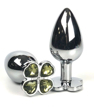 Серебристая анальная втулка с клевером из лаймовых кристаллов - 9 см. - фото, цены