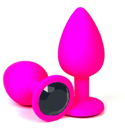 Розовая силиконовая анальная пробка с черным стразом - 9,2 см. - фото, цены