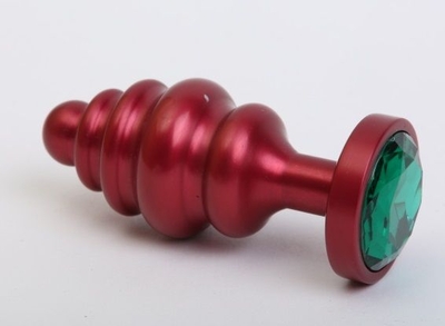 Красная ребристая анальная пробка с зеленым стразом - 7,3 см. - фото, цены