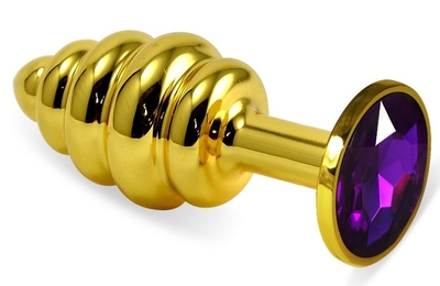 Золотистая ребристая анальная пробка с фиолетовым кристаллом - 7,5 см. - фото, цены