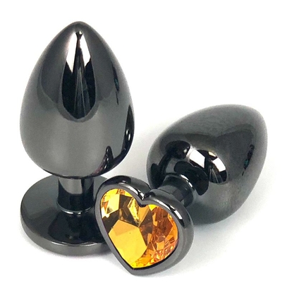 Черная металлическая анальная пробка с оранжевым стразом-сердечком - 6,5 см. - фото, цены