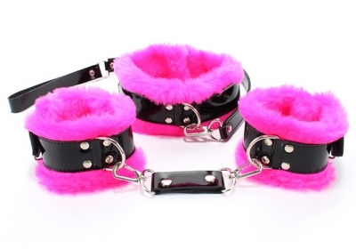 Черно-розовые меховые наручники и ошейник с поводком - фото, цены