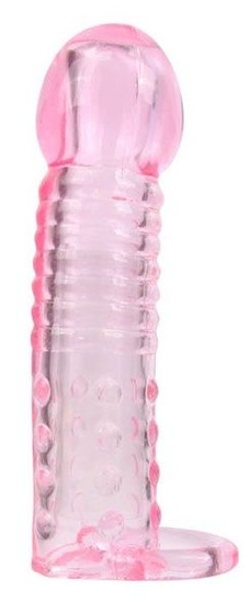 Розовая закрытая насадка на фаллос с кольцом для мошонки - 13,5 см. - фото, цены