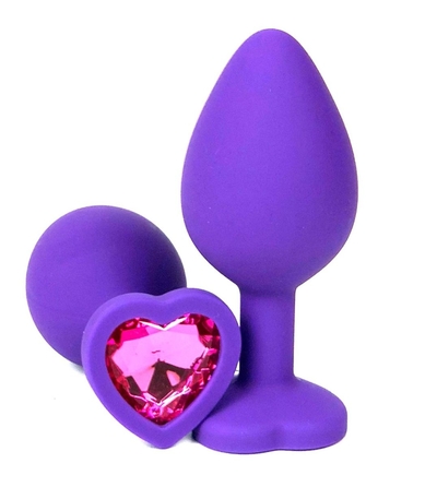 Фиолетовая силиконовая анальная пробка с розовым стразом-сердцем - 8,5 см. - фото, цены