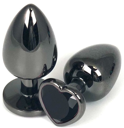 Черная металлическая анальная пробка с черным стразом-сердечком - 7,5 см. - фото, цены