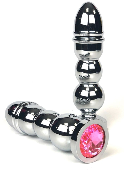 Серебристая коническая анальная пробка-ёлочка с розовым кристаллом - 13 см. - фото, цены