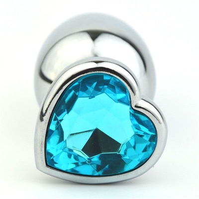 Серебристая анальная пробка с голубым кристаллом-сердечком - 8 см. - фото, цены
