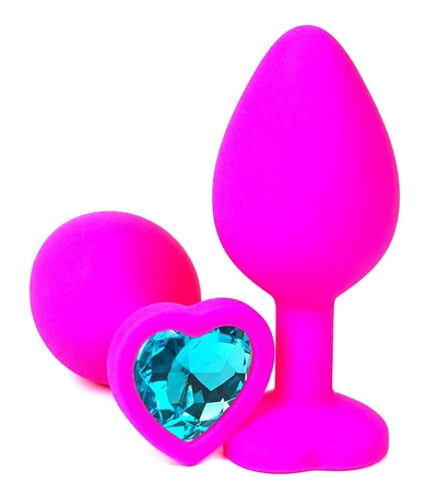 Розовая силиконовая пробка с голубым кристаллом-сердцем - 10,5 см. - фото, цены