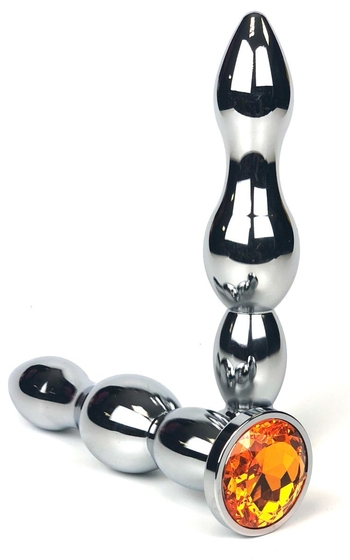 Серебристая коническая анальная пробка-ёлочка с оранжевым кристаллом - 12 см. - фото, цены