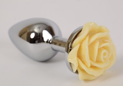 Серебристая анальная пробка с жёлтой розой - 7,6 см. - фото, цены