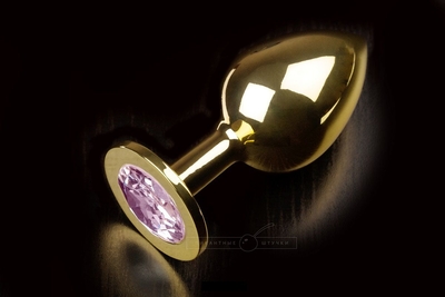Большая золотая анальная пробка с закругленным кончиком и розовым кристаллом - 9 см. - фото, цены