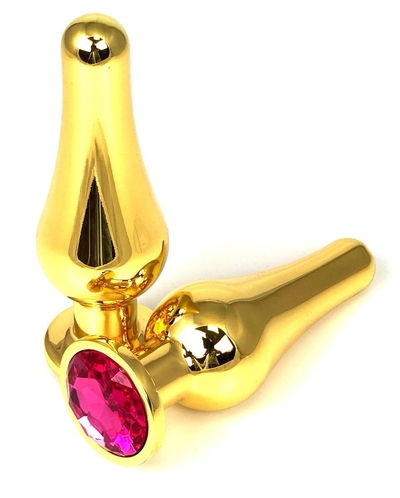 Золотистая удлиненная анальная пробка с розовым кристаллом - 11,5 см. - фото, цены