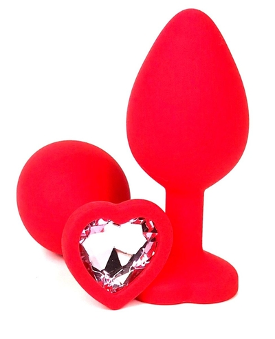 Красная силиконовая анальная пробка с нежно-розовым стразом-сердцем - 8 см. - фото, цены