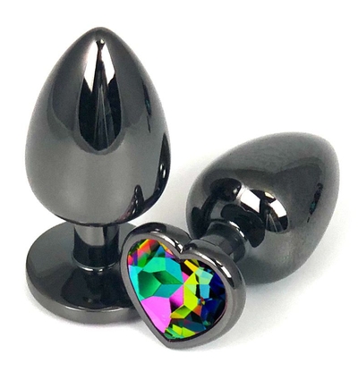 Черная анальная пробка Vander с разноцветным кристаллом-сердечком - 6,8 см. - фото, цены