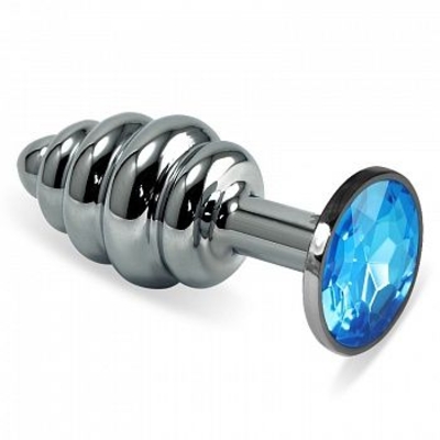 Серебристая фигурная анальная пробка с голубым кристаллом - 9 см. - фото, цены