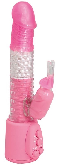 Розовый вибратор с бусинами и виброзайцем Fantasy Fortress Pink - 19 см. - фото, цены