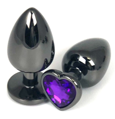 Черная металлическая анальная пробка с фиолетовым стразом-сердечком - 7,5 см. - фото, цены