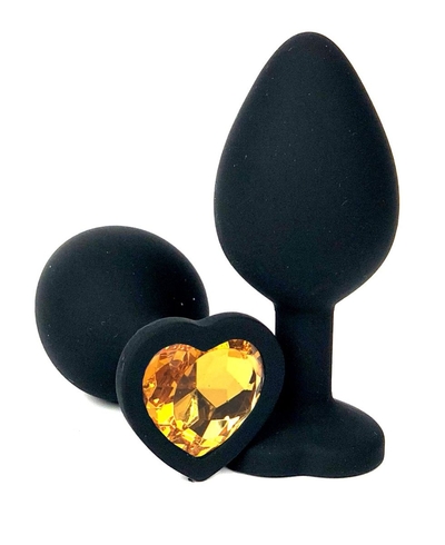 Черная силиконовая пробка с оранжевым кристаллом-сердцем - 8 см. - фото, цены