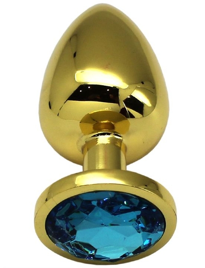 Золотистая анальная пробка с голубым кристаллом - 9 см. - фото, цены